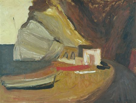 Carlo Quaglia Scogliera Ligure, anni '50 Olio su masonite, cm. 60x80 Firmato...