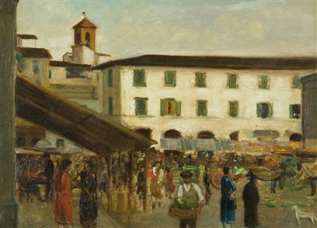 Anonimo Mercato cittadino Olio su tela, cm. 40x54 Firma illeggibile in basso...