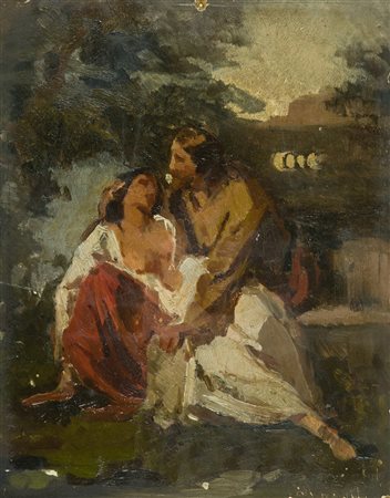 Anonimo dell'800 Il bacio Olio su cartone, cm. 26,5x21 L'Opera presenta...