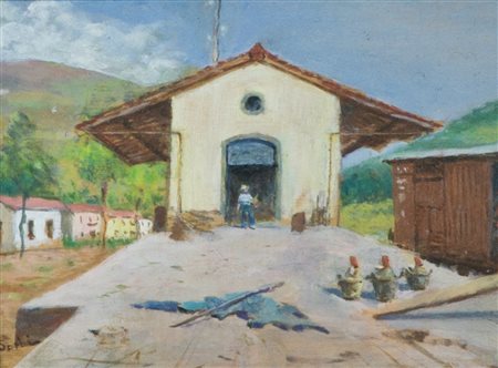 Giulio Sorbi Scalo merci - Stazione Rufina Olio su tavola, cm. 13x17 Firmato...