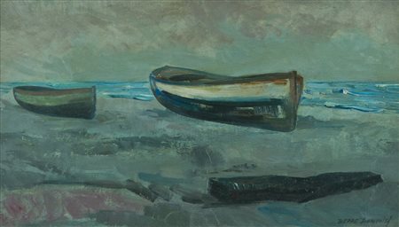 Beppe Domenici Mattino in spiaggia Olio su tavola, cm. 23,5x41 Firmato in...