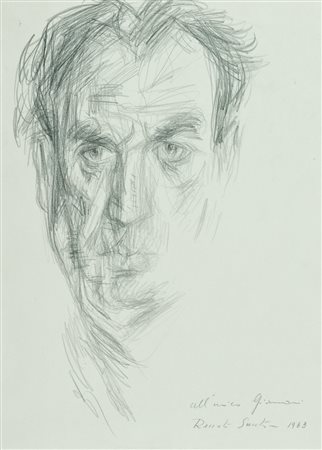 Renato Santini Volto, 1963 Matita su carta, cm. 47x34 Firma, data e dedica a...