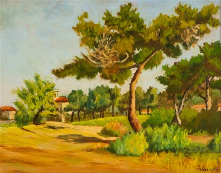 V. Valenti Paesaggio Olio su tavola, cm. 30x38,5 Firmato in basso a destra.