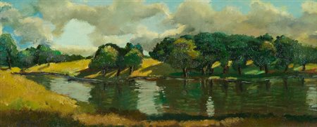 Giancarlo Landi Paesaggio Olio su tavola, cm. 16x37 Firmato in basso a...