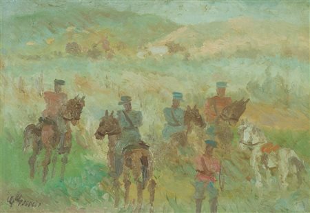 Guido Guidi Soldati a cavallo Olio su tela, cm. 35x50 Firmato in basso a...