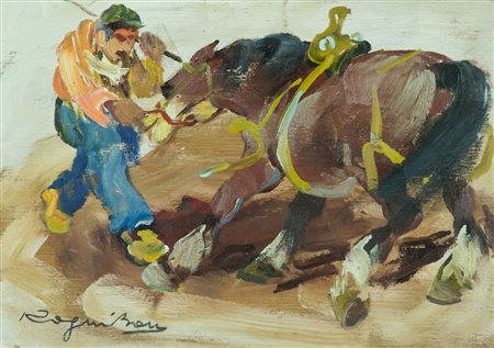 Basso Ragni Fantino e cavallo Olio su tavola, cm. 25x35 Firmato in basso a...