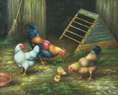 Lietti Nel pollaio, 1951 Olio su tavola, cm. 20x25 Firma e data in basso a...
