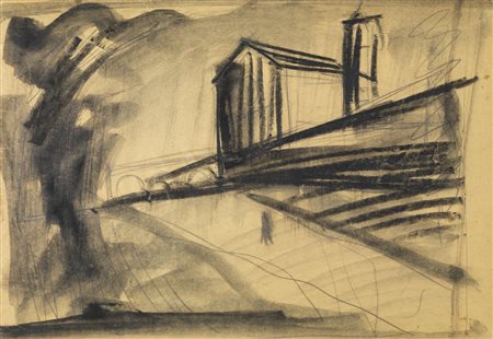 Mario Sironi PAESAGGIO CON CHIESA matita di grafite, inchiostro nero e...