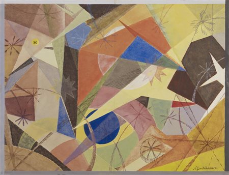 Natalia Goncharova COMPOSIZIONE tempera e gouache su carta, cm 36,5x47,5 firma