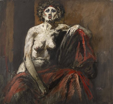 Alberto Sughi DONNA CON PANNO ROSSO olio su tela, cm 75x70 firma L'opera è...