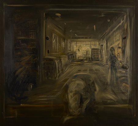 Giancarlo Ossola INTERNO CON FIGURE olio su tela, cm 110x120 sul retro:...