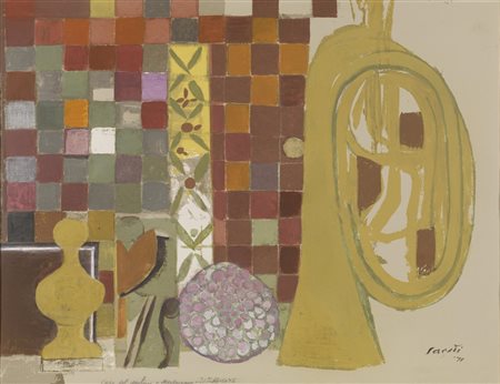 Bruno Saetti CASA DEL MULINO tempera su prova di stampa applicata su cartone,...