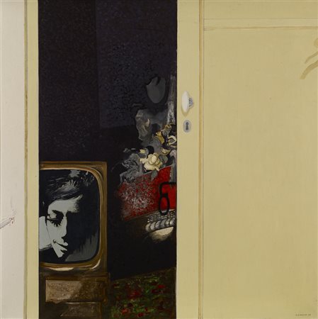 Giuseppe Giannini INTERNO CON TELEVISORE olio su tela, cm 80x80 firma e data...