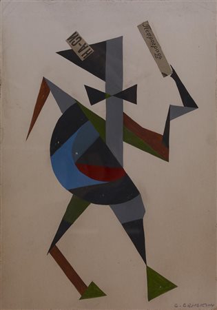 Sergei Senkin FIGURA tempera e collage su carta, cm 20,5x14,5 firma sul...