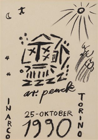 A. R. PENCK SENZA TITOLO carboncino su carta, cm 35,5x25 firma e data...