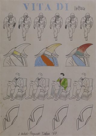 Emilio Tadini VITA DI VOLTAIRE tecnica mista su carta, cm 50x35 firma, data e...