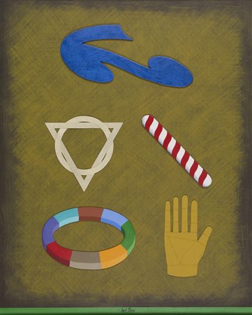 Lucio Del Pezzo COMPOSIZIONE collage e acrilico su legno, cm 75x60 firma sul...