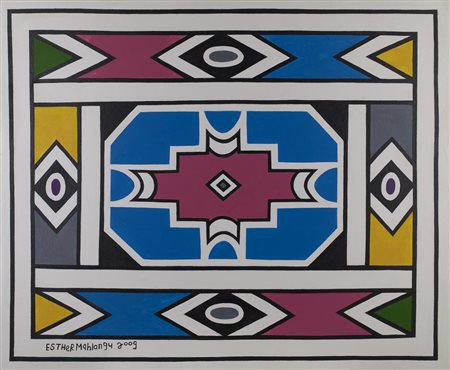 Esther Mahlangu COMPOSIZIONE acrilico su tela, cm 102x124 firma e data...