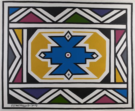 Esther Mahlangu COMPOSIZIONE acrilico su tela, cm 92x112 firma e data...