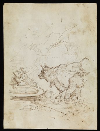 ARTISTA DEL XVIII SECOLO  Bambini sorpresi da un toro nei pressi di una fontana.