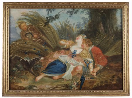 JEAN BAPTISTE  HUET Seguace di. Paesaggio con personaggi. .