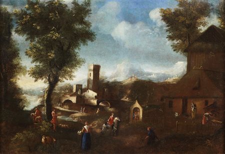 TOMASO PORTA Paesaggio con cavaliere e villani nei pressi di un borgo. .