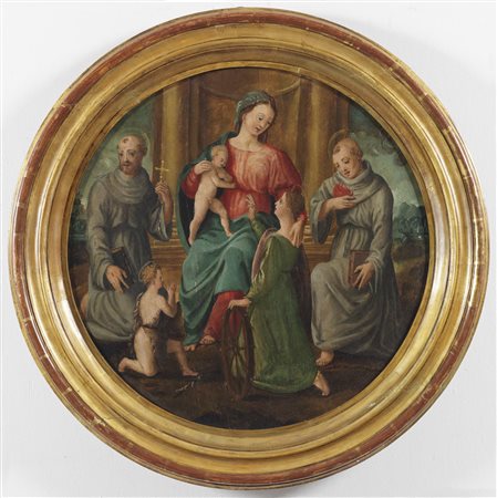 PITTORE DEL XV SECOLO  Madonna con bambino e santo.