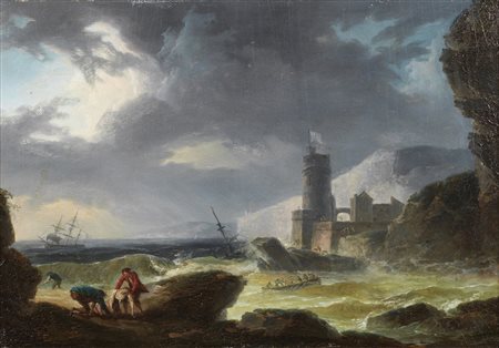 THEODORE (XVIII secolo) EDDROP Marina in tempesta con scena di naufragio.