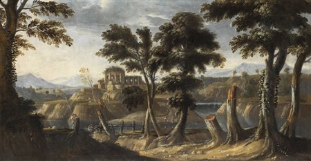 ARTISTA FRANCESE DEL XVIII SECOLO  Paesaggio con ruderi e figure presso un fiume.