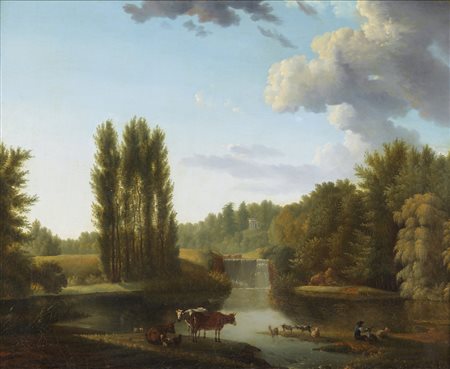 ALEXANDRE HYACINTHE DUNOUY Paesaggio con armenti e fiume. .