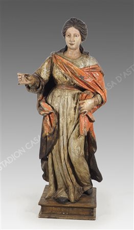 Grande scultura lignea policroma raffigurante Santa. XVII secolo. H. cm. 153.