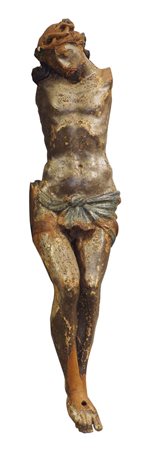 Scultura in legno scolpito raffigurante Cristo crocifisso. XVIII secolo. H....
