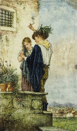 Piastra in ceramica a smalti policromi raffiguranti amanti. cm. 26x16....