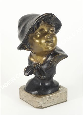 Testina in bronzo a due colori raffigurante scugnizzo, base in marmo. H. tot...