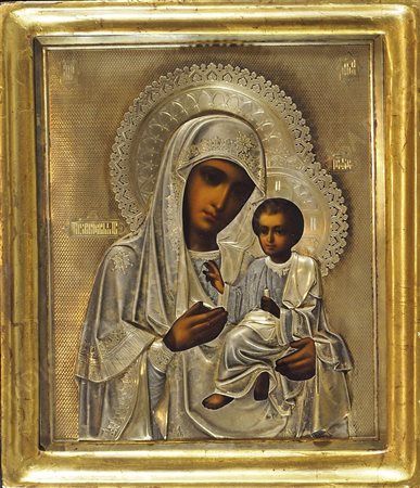 Icona dipinta su tavola raffigurante Madonna con bambino con riza in argento...