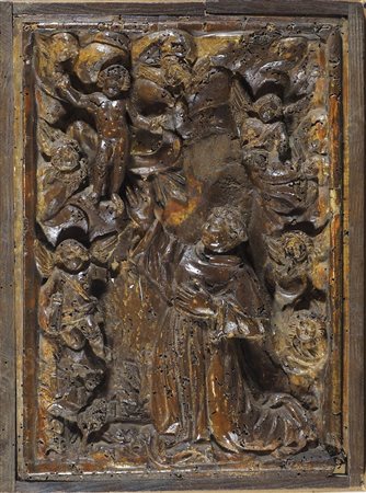 Antica tavola finemente scolpita raffigurante scena sacra. cm. 44x33