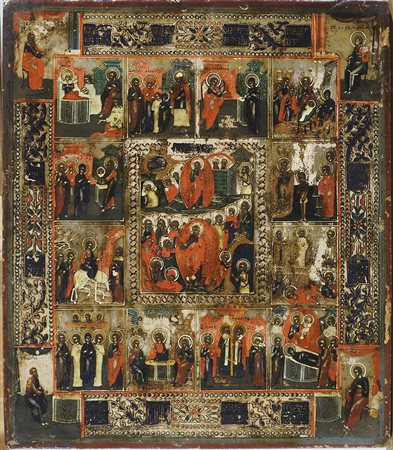 Icona dipinta su tavola raffigurante 12 Feste. Russia centrale, XIX secolo....
