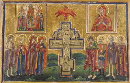 Icona dipinta su tavola raffigurante Santi e crocifisso incastonato. XIX...