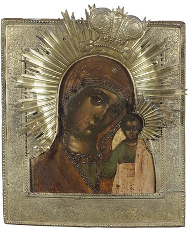 Icona dipinta su tavola raffigurante Madonna con bambino, riza in ottone...