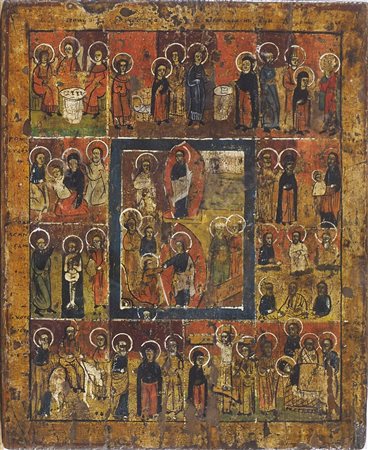 Icona dipinta su tavola raffigurante Santi. XIX secolo. cm. 32x26.