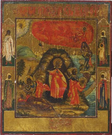 Icona dipinta su tavola raffigurante Scena sacra. XIX secolo. cm. 27x22.