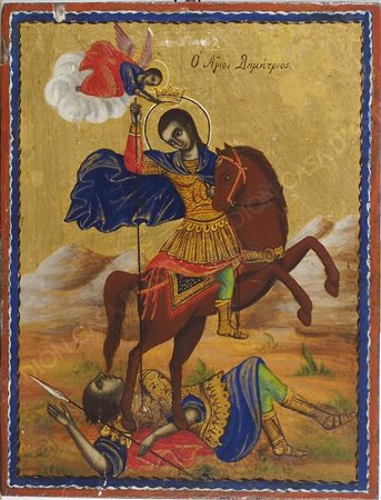Icona dipinta su tavola raffigurante Santo a cavallo. XIX secolo. cm. 28x21.