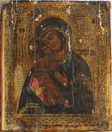 Icona dipinta su tavola raffigurante Madonna con bambino. XIX secolo. cm. 30x26.