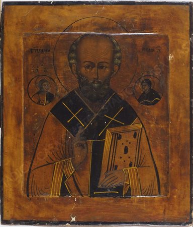 Icona dipinta su tavola raffigurante Santo con libro. Fine XIX secolo. cm....