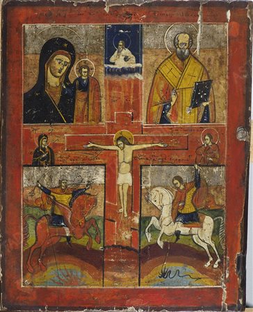 Icona dipinta su tavola raffigurante figure sacre e crocifisso centrale. XIX...