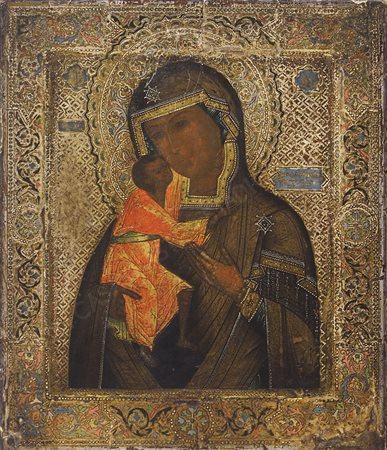 Icona dipinta su tavola raffigurante Madonna con Bambino. Russia centrale,...