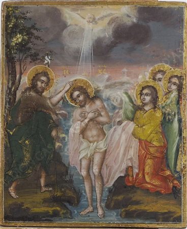 Lotto di 5 piccole icone dipinte su tavola. Max cm. 11,5x9,5.