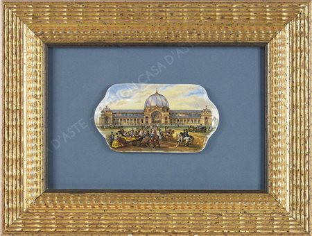 Piccola placca in porcellana dipinta raffigurante Palazzo con carrozze e...