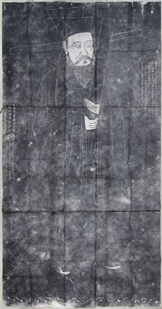 Grande carta di riso dipinta raffigurante personaggio orientale, firmato. cm....