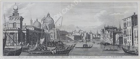 Lotto di 2 stampe raffiguranti paesaggio e veduta di Venezia, incorniciate....